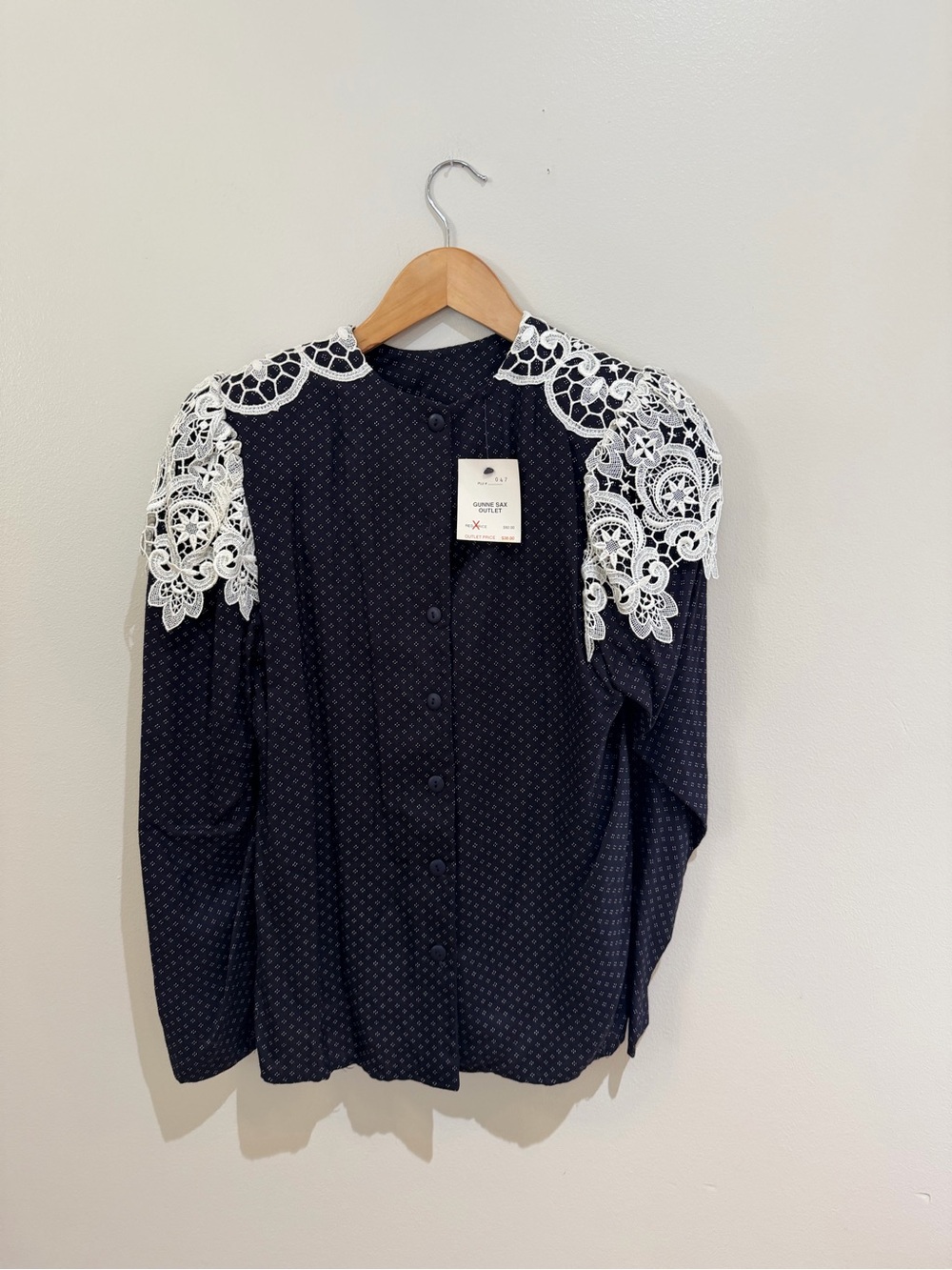 NWT Vintage SCOTT M°CLNTOCK Gunne Sax Navy Blouse with White Lace medium